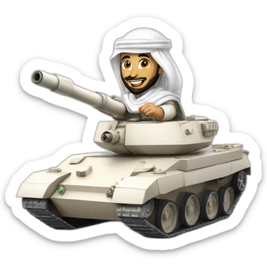 prince from Saudi Arabia with a beard in a white  shemagh national headdress riding  on a tank, smiling sticker