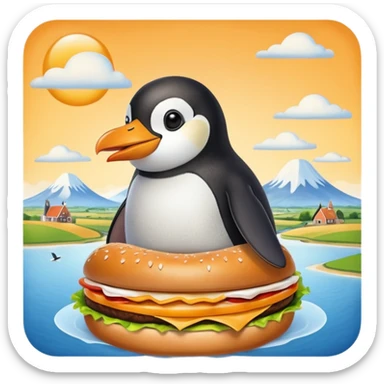 penguin eating a hamburger while flying over a Dutch landscape sticker