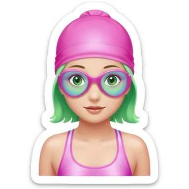 pretty girl with green eyes pink swim cap holographic swimming glasses and cute profesional swimmer pink swimsuit without her hair visible swimming sticker
