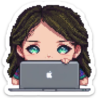 close-up of a girl's face peeking over a MacBook, pixel art style sticker