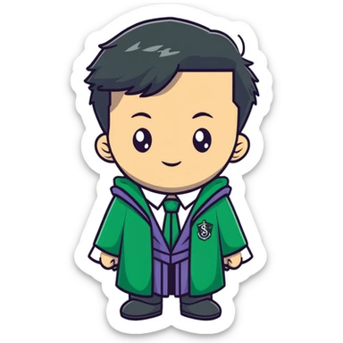 Young wizard in Slytherin uniform with green tie and robe sticker