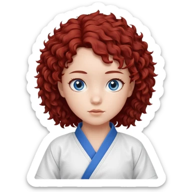 generate a young girl with dark red curly hair, blue eyes. in a white karate outfit  sticker