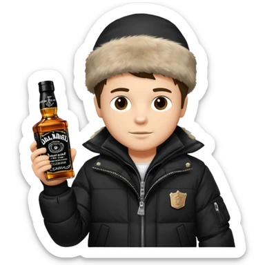 Junge mit Sturmhaube in der Rechten hand eine jacky flasche und schwarze winterjacke mit fell an der mütze 2 meter gross sticker