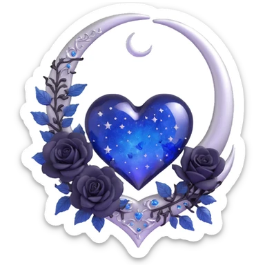 gothic heart made of midnight blue glass with a silver crescent moon, tiny black roses, shimmering stardust, frost and ice effect sticker