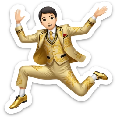 japanese yoshiro nakamatsu in crazy gold emroidered suit jumping in jumping shoes sticker