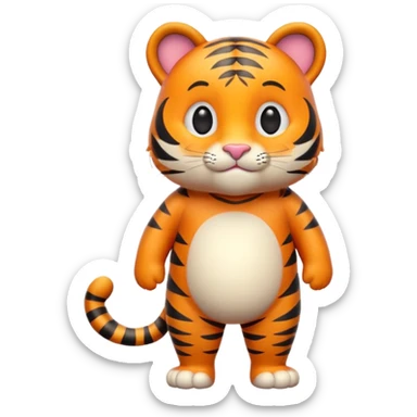 Cute tiger emoji, full body, standing pose, smiling face, big round eyes, orange fur with black stripes, chubby and adorable, short legs, small ears, 3D emoji style, smooth shading, bright colors, simple clean design, transparent background sticker