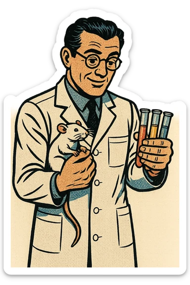 a full body of 1940s caring scientist holding a lab rat and test tubes sticker