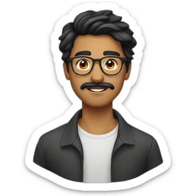 Indian teenager with light moustache and a goatee, with long wavy black hair,jawline, wearing glasses sticker