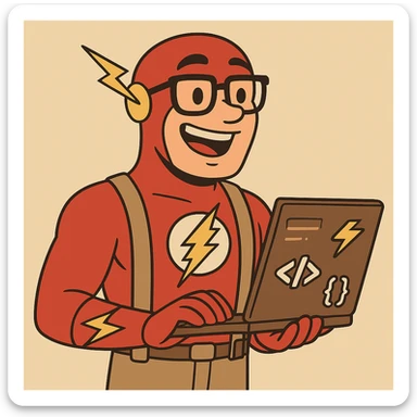 Make The Flash a nerdy programmer, add a laptop, coding stickers, and code symbols, cartoon style in flat toon style. sticker