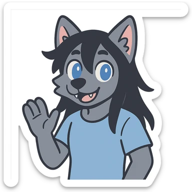 anime style wolf furry character with blue eyes, long black hair, wearing a light blue shirt sticker