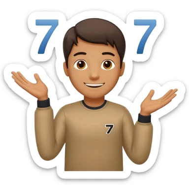 A man shrugging his shoulders with 6 abuve his left hand and 7 abuve his right sticker