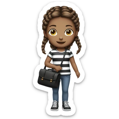girl with brown hair two braids holding small black and white striped bag sticker