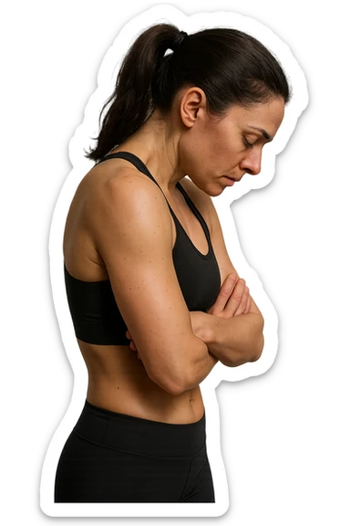 DONNA FITNESS DI PROFILO CON POSTURA CHIUSA E SPALLE IN AVANTI,  iperrealistico 4k sticker