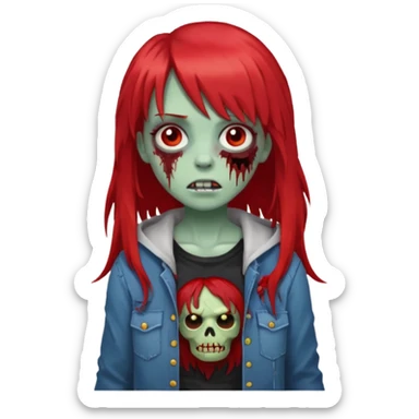 create a zombie girl with red long hair and blocky bangs sticker