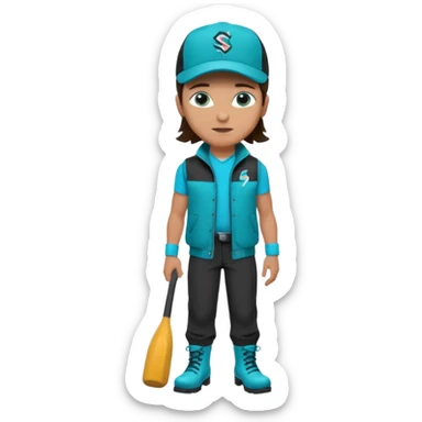 A landscaper in a beautiful turquoise jacket and turquoise boots, black pants, and a black sleeveless shirt. On his head is a black Swissotel baseball cap. The girl is a brunette with blue eyes. sticker