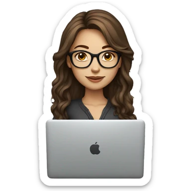 Beautiful girl with brown hair, glasses and laptop sticker