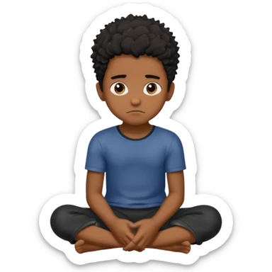 cute brown skin boy, no smile just sitting there looking tuff, black hair, sponge messy freeform’s.  sticker