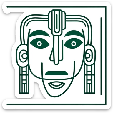 Maya hieroglyphic facial expressions: happy, sad, surprised. Only dark green lines on white background, strict minimalist geometric style sticker