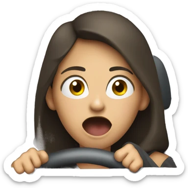 brunette yawning and driving in dark grey car  sticker