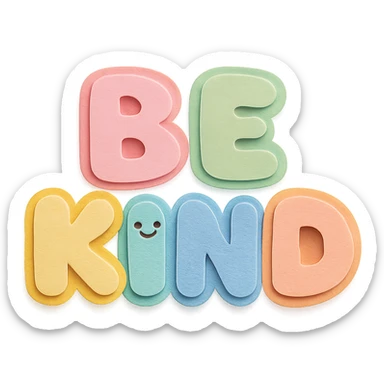 Soft pastel rainbow puffy bubble letters for "Be Kind", kawaii cute style, transparent background, no frame sticker
