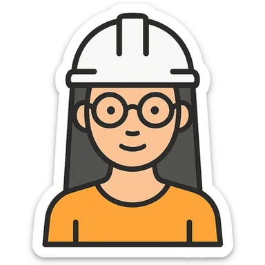 A woman with long, straight black hair, wearing glasses and a white architect's helmet sticker