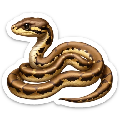 A photo-realistic digital illustration of a Ball Python, chest upward, with a short, rounded head, thick body, and a calm, curious expression. It has a warm brown base color with irregular dark blotches shaped like “alien heads,” and matte-textured scales that emphasize its small, stocky form. sticker