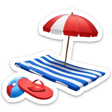 Icon for Beach Tourism: a sandy beach with a beach umbrella, flip-flops, a towel, and a beach ball, with the ocean waves in the background. The icon should capture the relaxation and fun of beach vacations. Transparent background. sticker