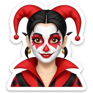 Jester woman, black and red suit, black hair, white and black make up sticker