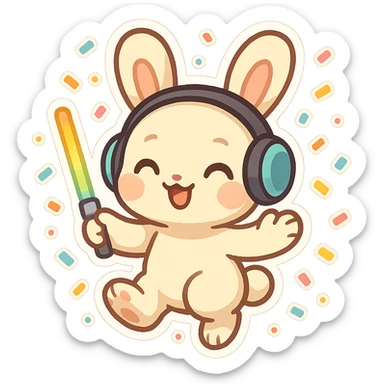 cute rave bunny wearing headphones, holding a glow wand, surrounded by confetti, festive mood sticker