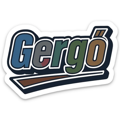 Text image of the name 'Gergő' in a masculine, modern font with gradient colors (blue, gray, burgundy, green, brown), precise Hungarian characters, dark contour, extra thick, prominent white letter border, dynamic slanted underline, 1000x1000 px, PNG, transparent background. sticker