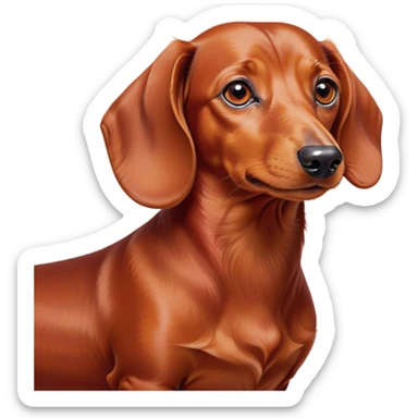 Cinematic Noble Red Dachshund Portrait Emoji, Poised and regal, with a long, low-slung build and a smooth, well-groomed red coat, deep-set soulful brown eyes, Simplified yet sharp and sophisticated features, highly detailed, glowing with a soft, dignified glow, high shine, intelligent and determined, stylized with an air of charm, focused and attentive, soft glowing outline, capturing the essence of a watchful and confident companion, so majestic it feels as though it could slide out of the screen with effortless authority! sticker