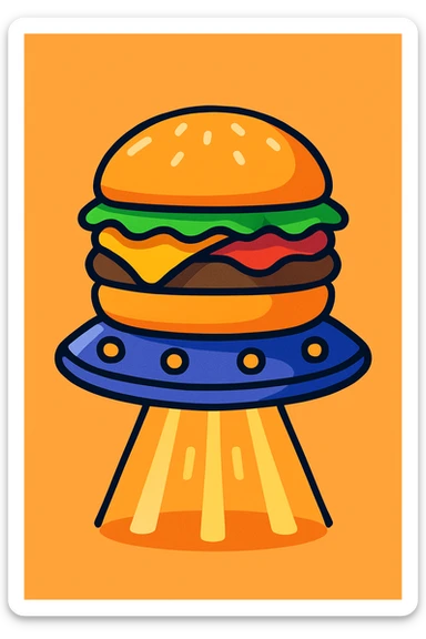 cartoon burger with UFO saucer base, beams of light shining down, colorful and fun sticker