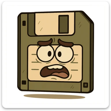 olive green floppy disk with a beige label, clear bold outlines, graphic shadows and highlights sticker