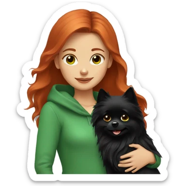 Red-haired-girl-with-green-eyes -hugs-her-black-pomeranian-dog sticker