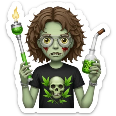 brown wavy haired zombie getting stoned with weed t shirt and bong on his hand and wearing black chrome hearts bifocals sticker