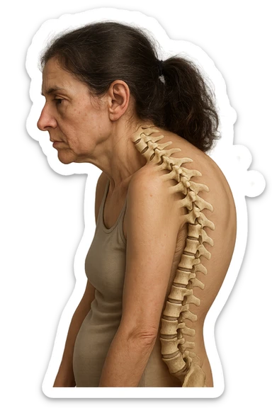 donna di profilo con spalle chiuse in avanti e postura storta, spina dorsale anatomica visibile, iperrealistico 4k sticker