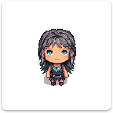 Raquel Freitas Silva as a pixel art character, vibrant colors, simple background, expressive face, chibi proportions, clear details sticker