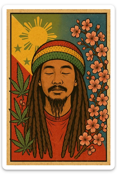 Vintage poster of an Asian Rasta with long dreadlocks, peaceful eyes, and a red-gold-green tam. Surrounded by cherry blossoms and ganja leaves. Background blends Rasta colors into an Asian flag (e.g., red sun from Japan or Chinese star). Retro reggae fusion vibe, with bold lines and aged paper texture. Philippines 
 sticker