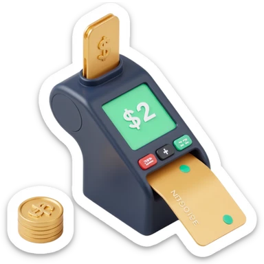 POS machine with a credit card being swiped, skeuomorphism icon style, realistic and shiny sticker