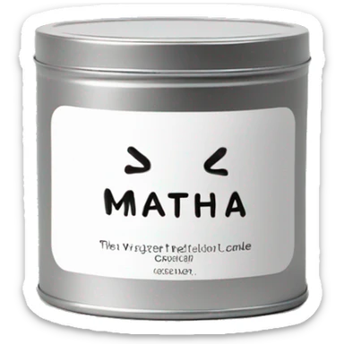 realistic short lit matcha candle, silver tin, small plain white label with black text sticker