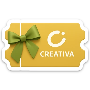 Create an emoji icon in the style of a golden ticket with a green ribbon and the white CREATIVA logo, closely resembling the original image. The emoji should have no background and maintain the look of a golden ticket with a green ribbon and white logo. sticker