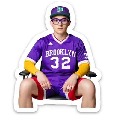 Мужчина, сидящий на кресле:

Одежда:

Он одет в фиолетовую спортивную майку с надписью "BROOKLYN CITY" и жёлтым номером "32" на груди.

Поверх майки — чёрная спортивная куртка с зелёными и жёлтыми вставками на плечах и рукавах.

На нём ярко-красные шорты.

Аксессуары:

Бело-чёрная кепка с надписью "VANOSS" и дополнительным текстом на передней части.

Очки с прозрачными линзами.

Внешность:

Длинные светло-русые волосы.

Улыбается, показывает "палец вверх" (жест "лайк").

В целом выглядит довольным и расслабленным.

Женщина, стоящая рядом:

Одежда:

Чёрный удлинённый пиджак классического кроя, застёгнутый на пуговицы.

Под пиджаком виднеется белая футболка или блузка.

Нижняя часть — короткая чёрная юбка, ноги открыты.

Внешность:

Длинные тёмные волосы, уложенные мягкими волнами.

Выражение лица слегка отстранённое или задумчивое, взгляд в сторону.

Правая рука лежит на плече сидящего мужчины. sticker