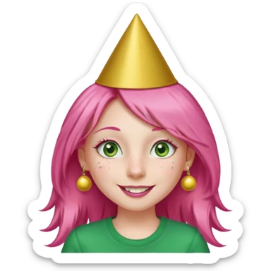 Create a girl with long pink hair and green eyes with long eyelashes and a smiley face. She has freckles in her face and a lit of bit of pink lipstick on her mouth, she’s also got gold birthday party hat on her head with gold pom poms on top of it, and her T-shirt is all red sticker