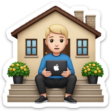 a home which has garden like and the home has slack emoji, where on the house steps, a blob holding black mac should sit and should look like wiork sticker