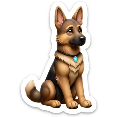 cinematic-[german shepherd]-realistic-full-body-sitting-emoji,-tail-resting-loosely-beside-its-paws,-head-tilted-dramatically,-sleek-[brown and black]-fur,-simplified-yet-realistic-focused-features,-highly-detailed,-glowing-with-an-almost-sarcastic-glow sticker