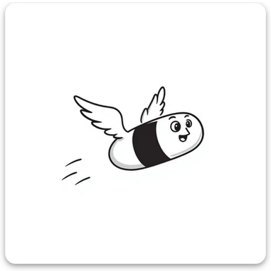Medicine pill or capsule with small wings attached, flying through the air sticker