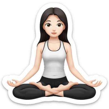 Девушка белокожая, с длинными темными волосами, в одежде для йоги - черные лосины, белый топ, сидит в позе лотоса, правильные пропорции тела, только человек sticker