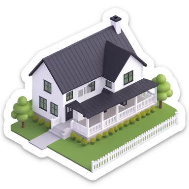 modern farmhouse with white siding, black roof and black trim, isometric sticker
