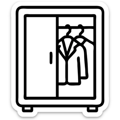 Minimalist flat design of a closet or wardrobe, slightly open showing neatly hung jackets and shirts, clean professional look sticker