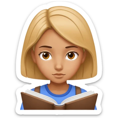 Young girl reading a notebook, focused expression, studying sticker